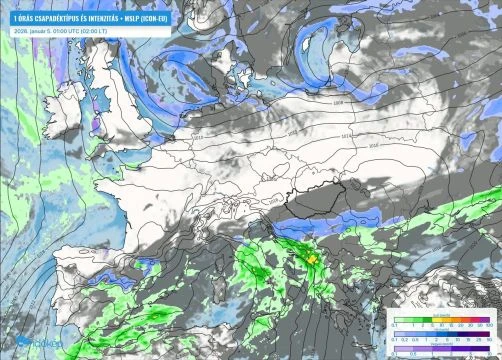 1 órás csapadéktípus és intenzitás
