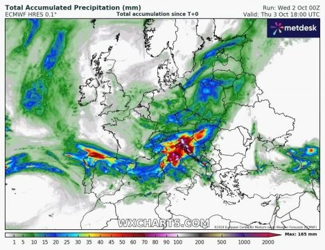 Várható összcsapadék vasárnap éjfélig (Forrás: WXCharts.com)